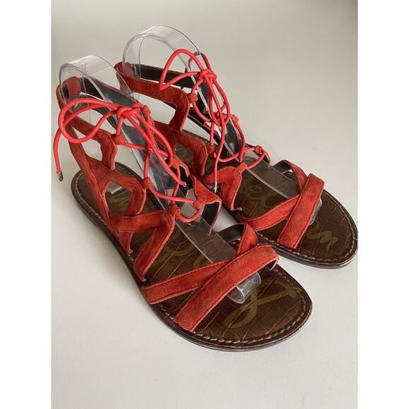Sam Edelman GEMMA Sandal Caged Red Suede Gladiator Strappy Flat Open 8.5 - Picture 2 of 7